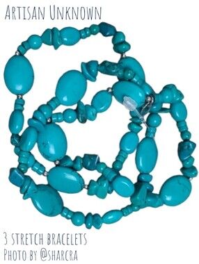 3 Bohemian synthetic turquoise bracelets mult shape beads stretchy Women's O/S